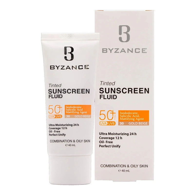 فلوئید ضدآفتاب رنگی بیزانس BYZANCE SPF50 مخصوص پوست چرب – شماره 30 (بژ تیره) حجم ۵۰ میل