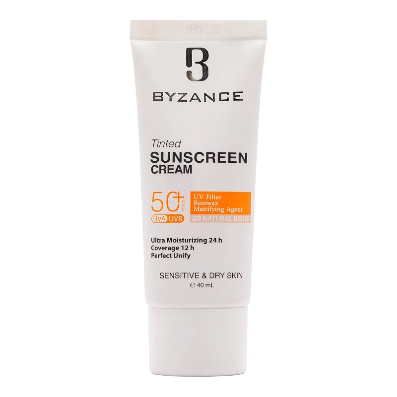 کرم ضد آفتاب رنگی بیزانس BYZANCE +SPF50 مناسب پوست خشک و حساس –20(بژ طبیعی) حجم ۵۰ میل