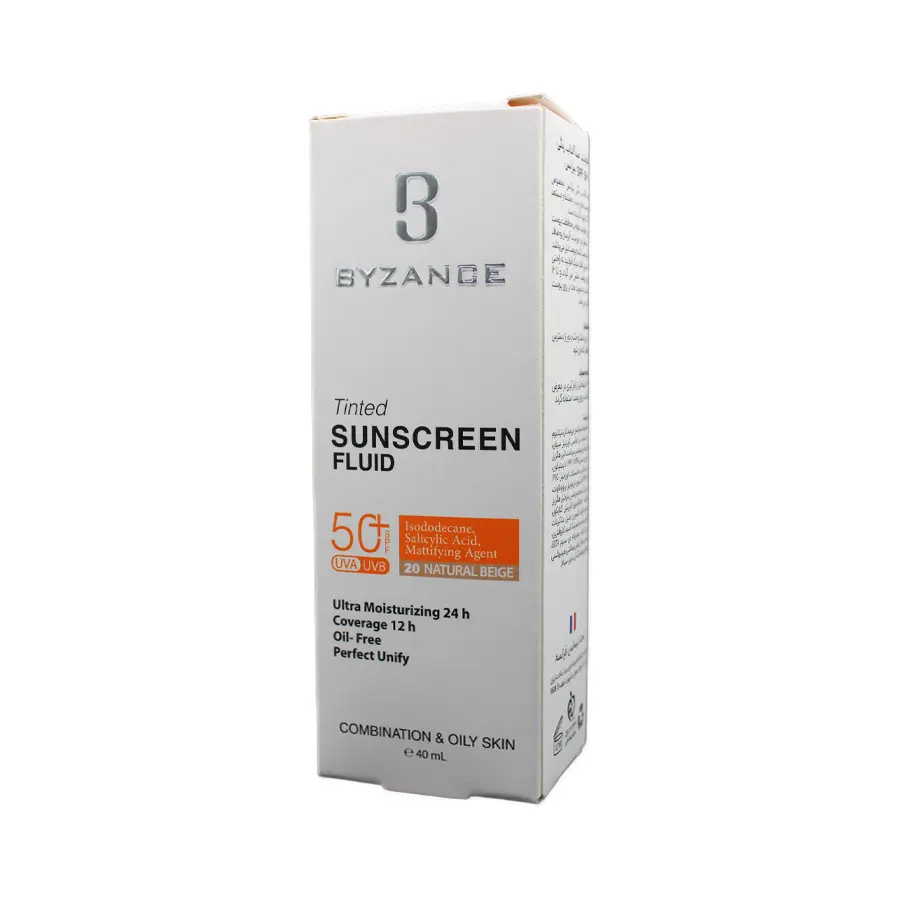 فلوئید ضدآفتاب رنگی بیزانس BYZANCE SPF50 مخصوص پوست چرب – شماره 20 (بژ طبیعی) حجم ۵۰ میل