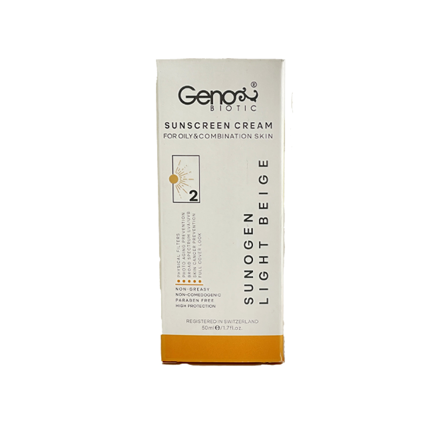کرم ضد آفتاب رنگی (روشن) ژنو بایوتیک با SPF50 مناسب پوست چرب و مختلط حجم 50 ملی لیتر