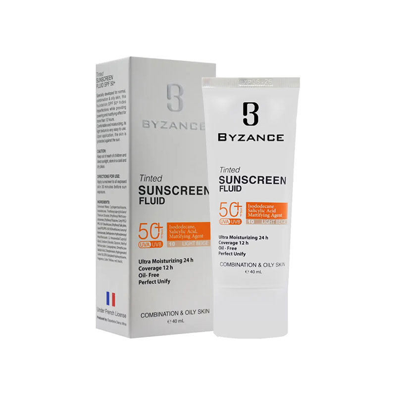کرم ضد آفتاب رنگی بیزانس BYZANCE +SPF50 مناسب پوست خشک و حساس –10(بژ روشن) حجم ۵۰ میل