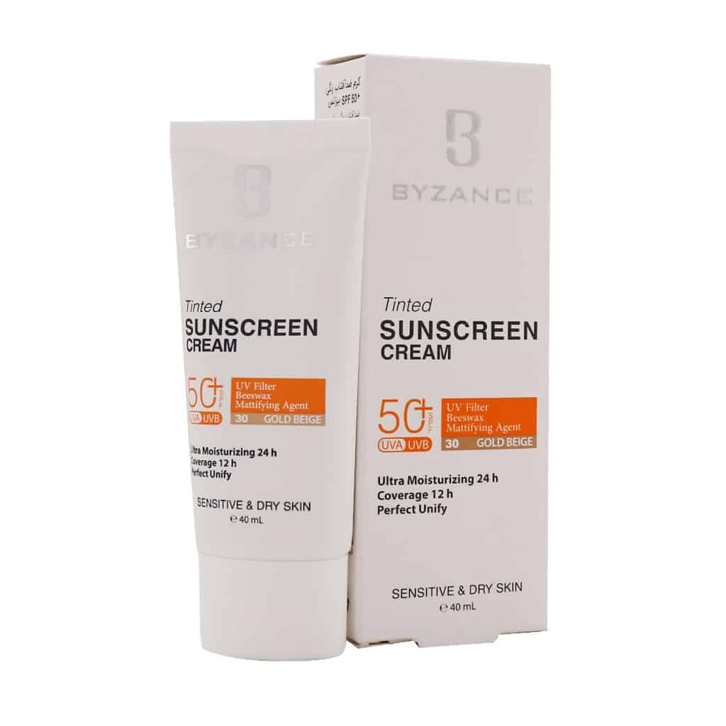 کرم ضد آفتاب رنگی بیزانس BYZANCE +SPF50 مناسب پوست خشک و حساس –30(بژ تیره) حجم ۵۰ میل